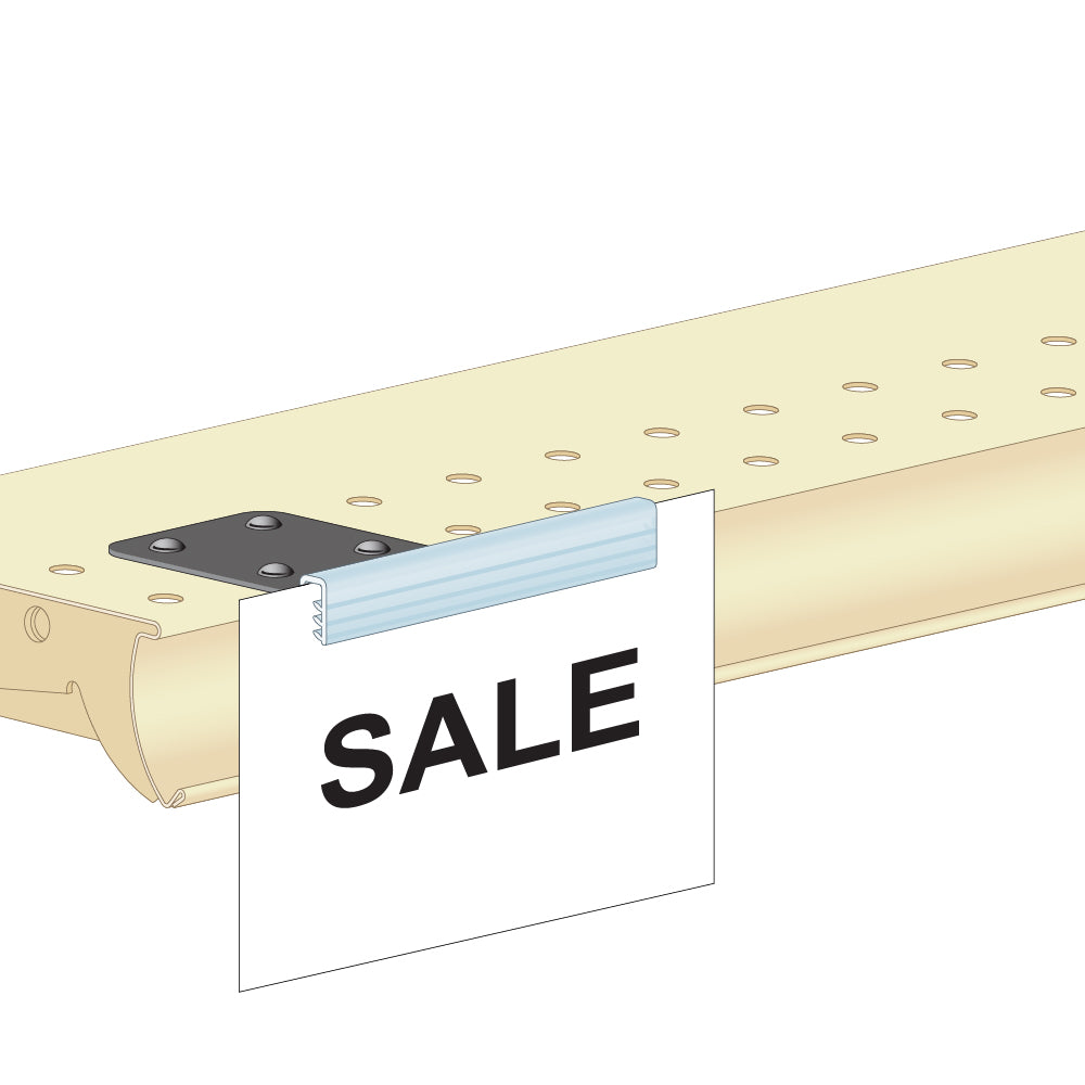 An illustration of the Top Mount, Flush, Wedge Plate Sign Grip installed on a shelf edge and gripping a "sale" sign
