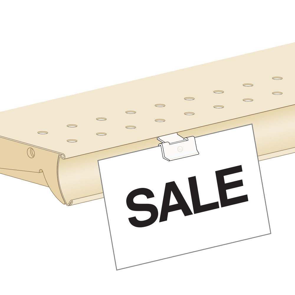 An illustration of the ClipNSnap Clip-In, Flush, with Snap Sign Clip and Grip installed into a shelf edge, gripping a "sale" sign