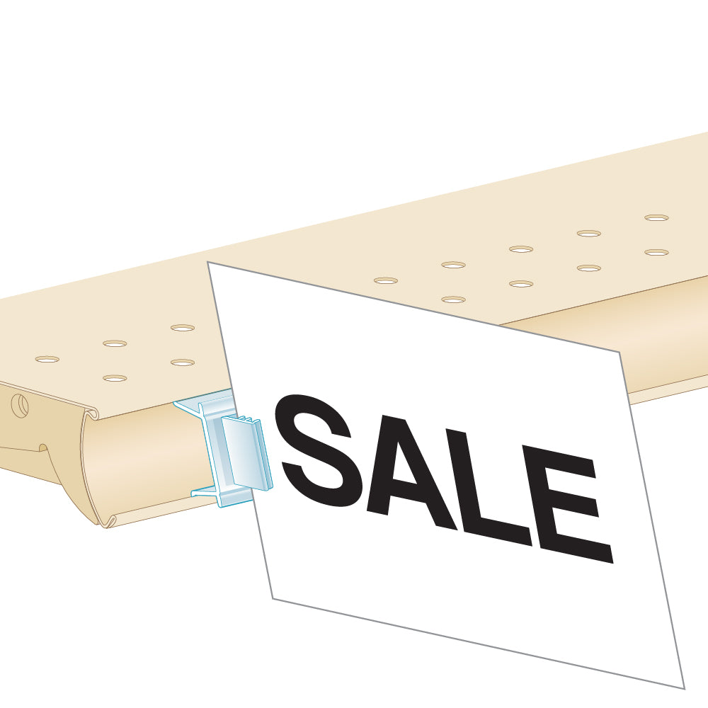An illustration of the Clip-In, Right Angle with PowerGrip Sign Clip & Grip installed into a shelf edge gripping a "sale" sign