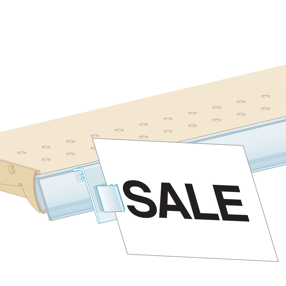 An illustration of the ClearVision Right Angle with PowerGrip Sign Clips & Grips installed in a ticket molding, holding a "sale" sign