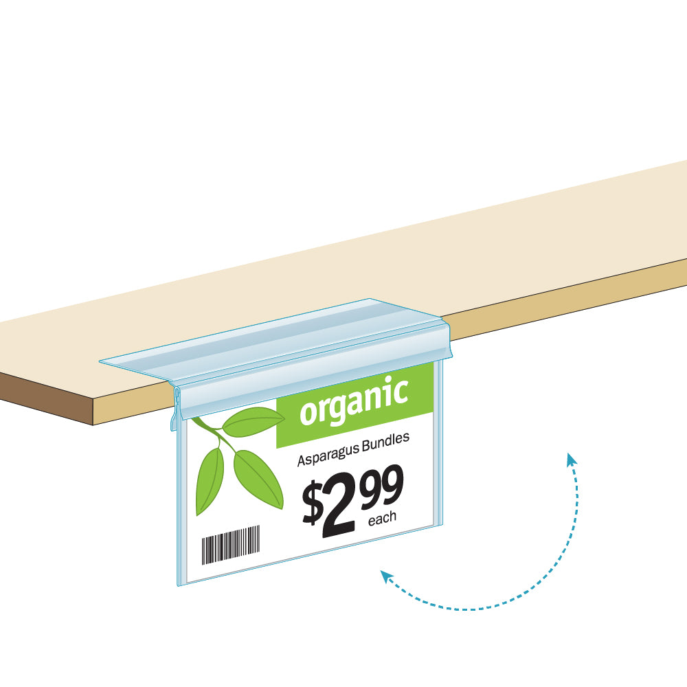 An illustration of the Fluid Resistant Pouch Sign Holder with a price sign inserted, attached to a shelf edge with tape