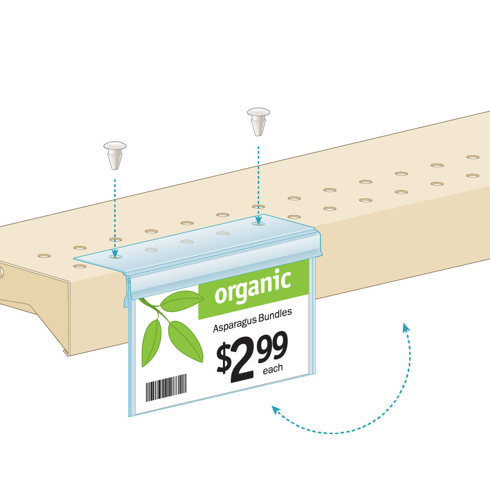 An illustration of the Fluid Resistant Pouch Sign Holder with a price sign inserted, installed onto a shelf edde with pushpins
