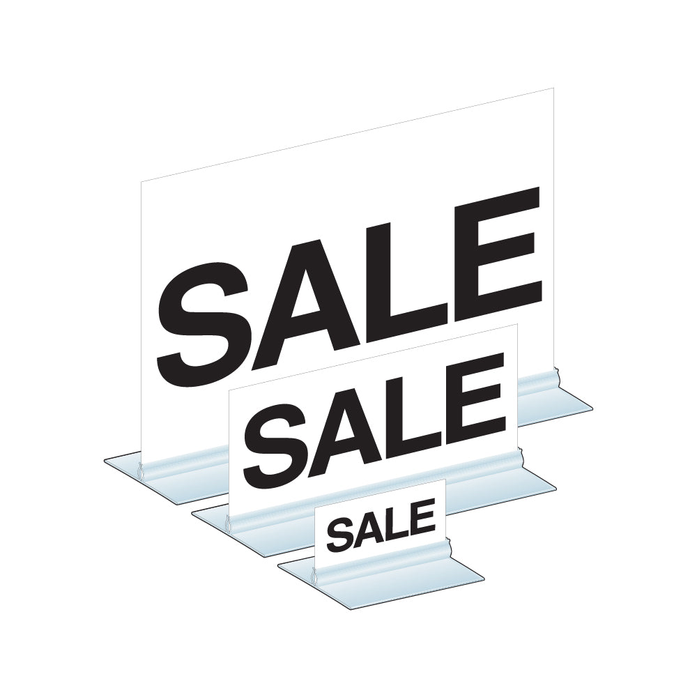 An illustration of a T-Style, Free Standing Base Sign Holder in three different sizes gripping "sale" signs