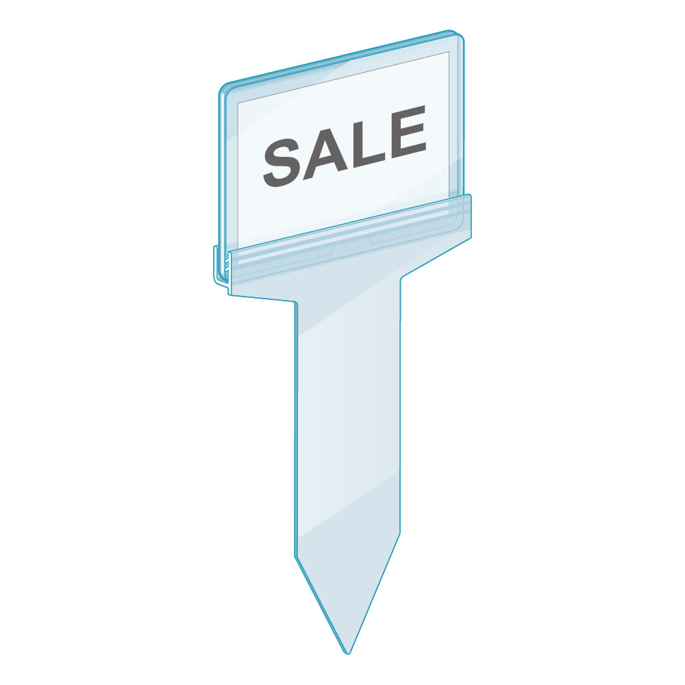 An illustration of the PowerGrip Ice Spear Sign Holder holding a sign protector with a "sale" sign