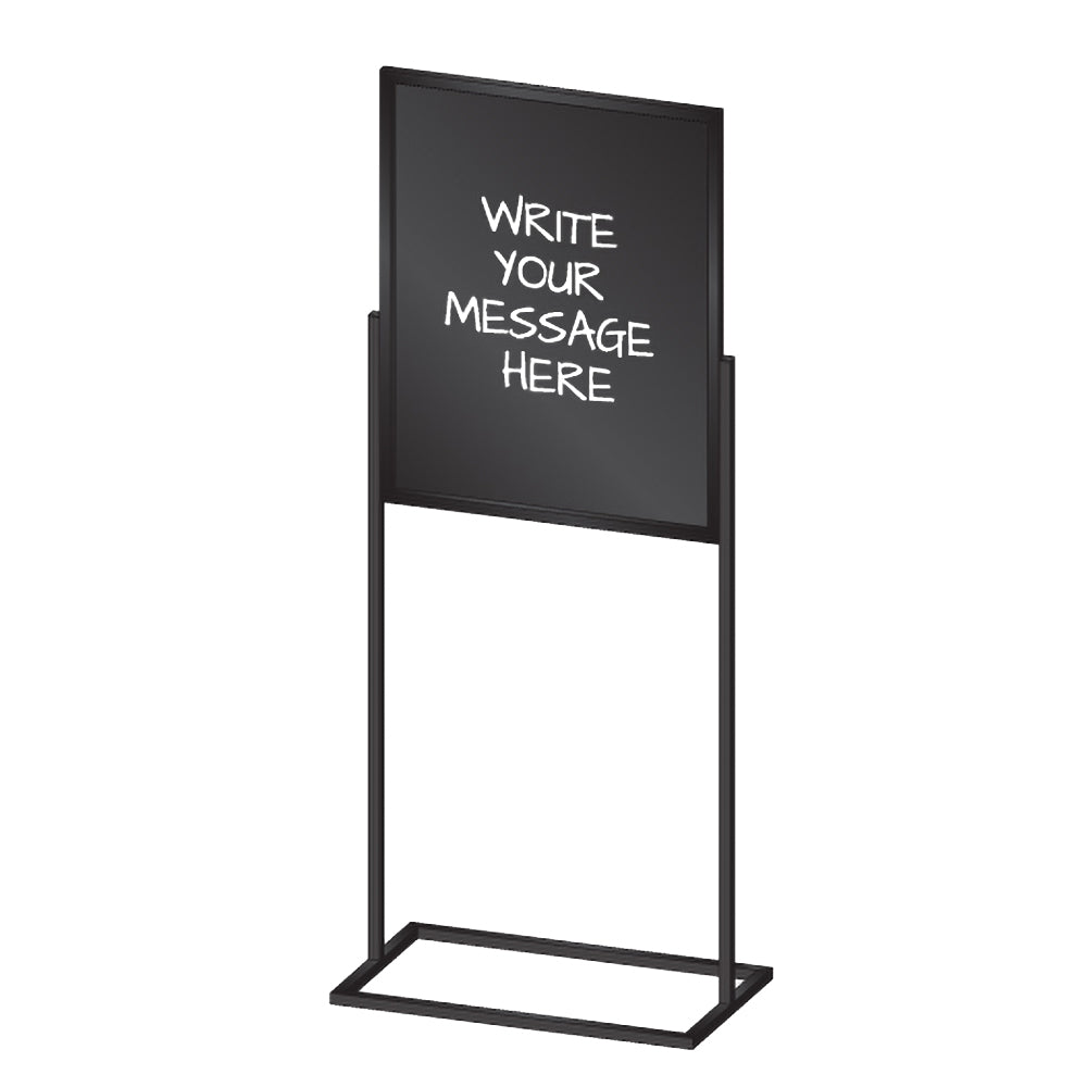 An illustration of the Indoor WalkTalker, Standard Sign Holder with a "Write your message here" sign on a black background 