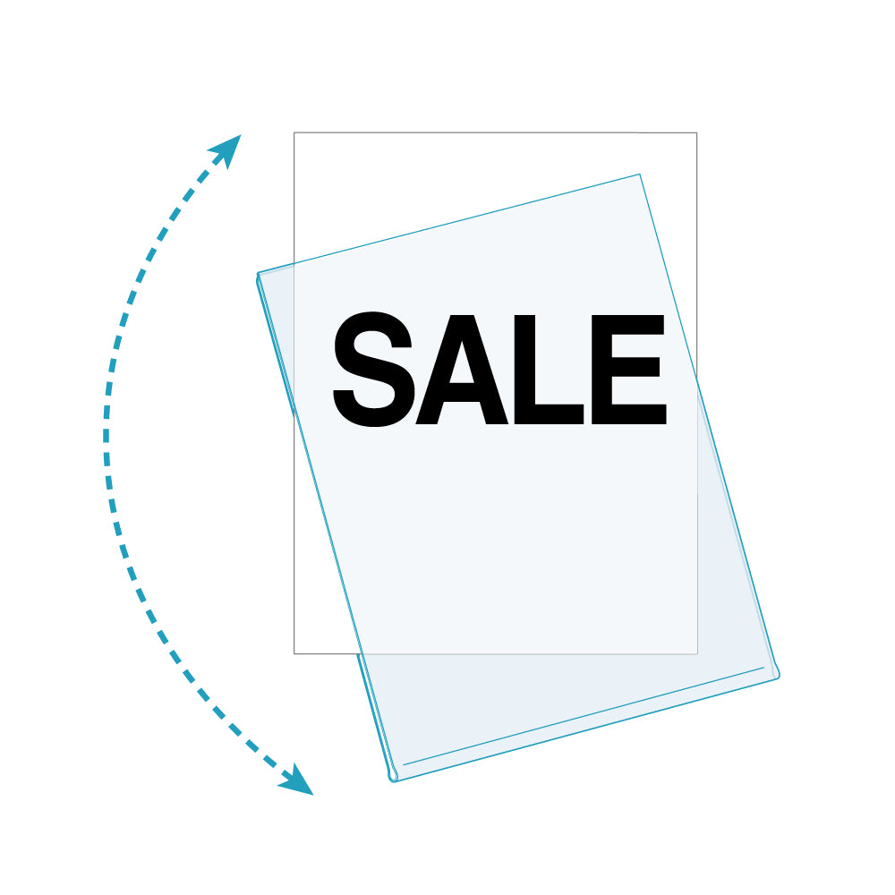 An illustration of the One Fold Sign Protector ShelfTalker in 8.5" by 11" with a "sale" sign inserted