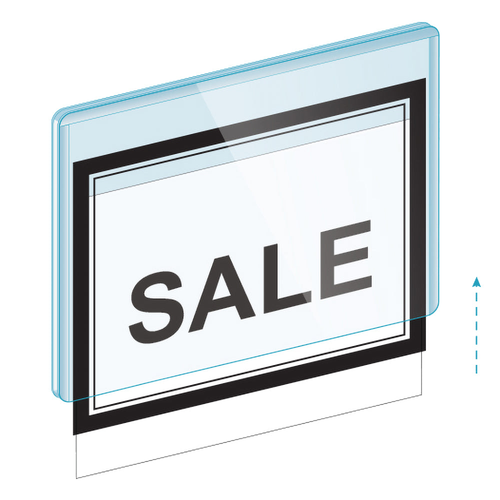 An illustration of the SleeveTalker Thick-and-Thin Frame Overlay and a "sale" sign being inserted into a protective cover.