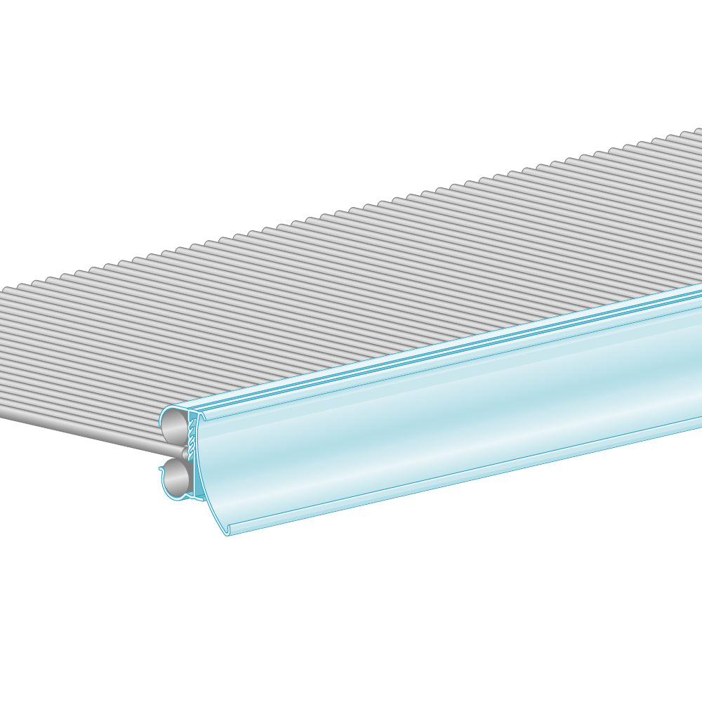 An illustration of the FlexKlip Small Shelf Adapter in clear, installed on a double wire shelf
