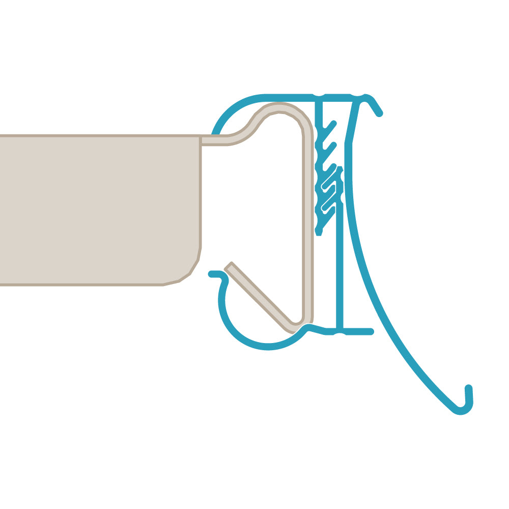A profile illustration of the FlexKlip Small Shelf Adapter in clear, installed on a Hussmann bullnose shelf