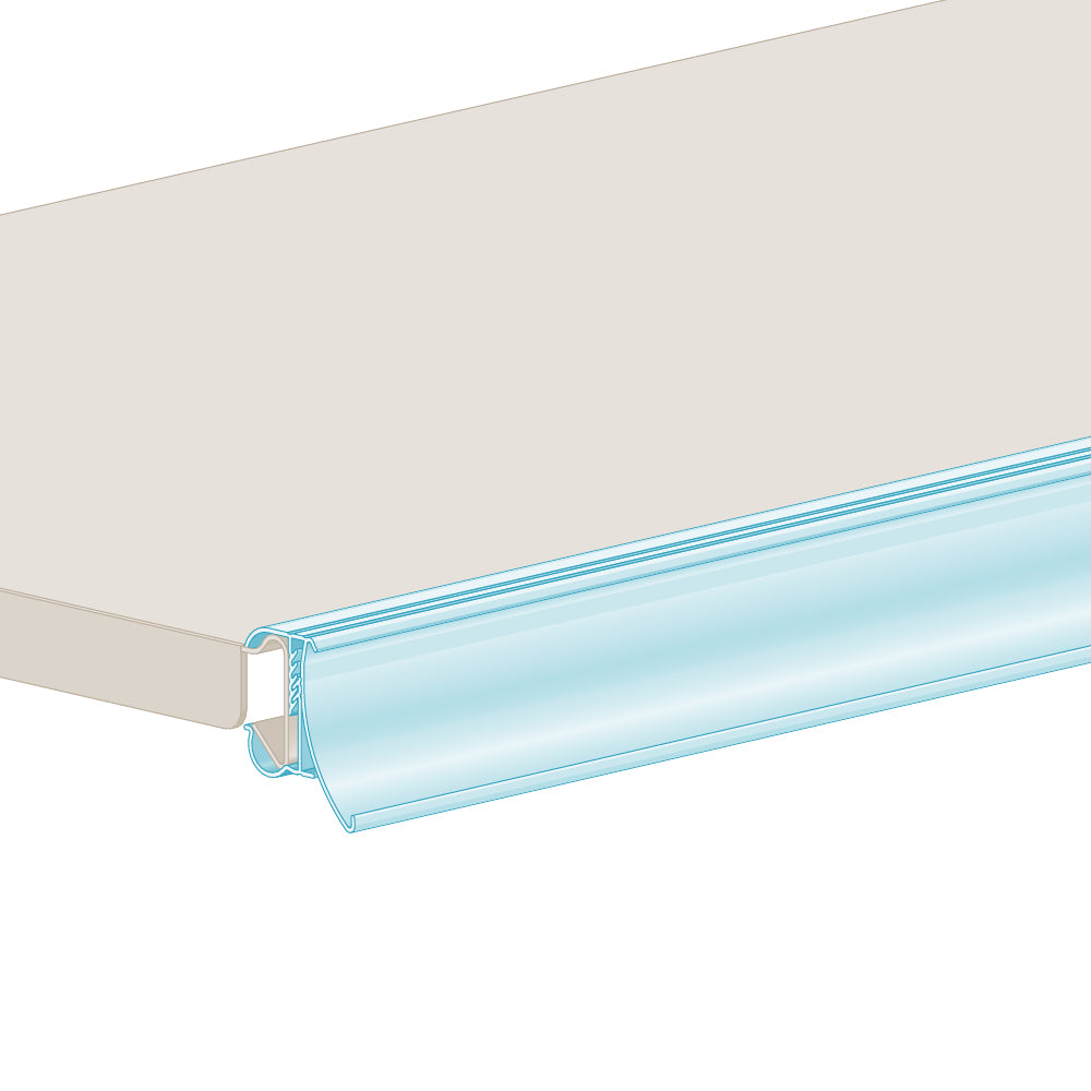 An illustration of the FlexKlip Small Shelf Adapter in clear, installed on a Hussmann bullnose shelf
