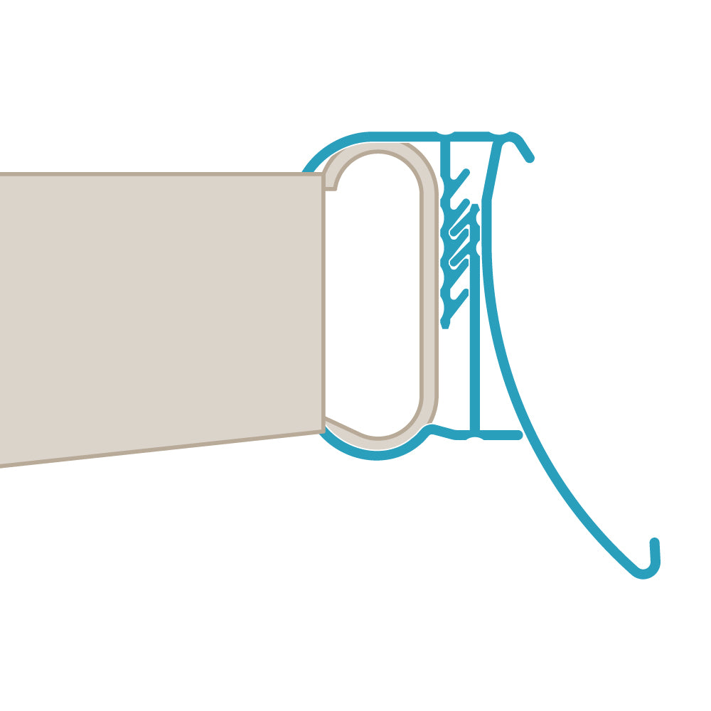 A profile illustration of the FlexKlip Small Shelf Adapter in clear, installed on a zero zone shelf