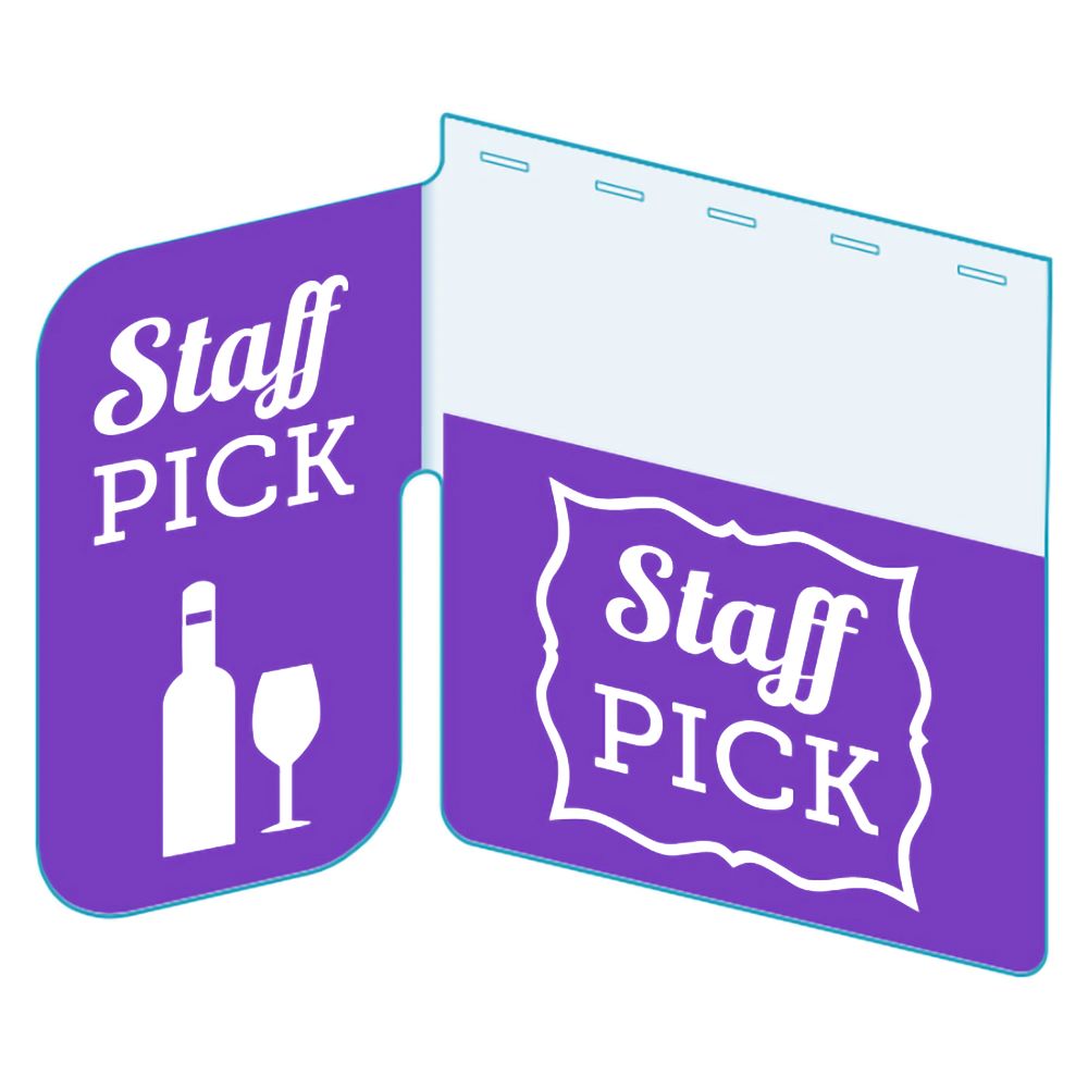 An illustration of the "Staff Pick" Bib with Right Angle Flag ClearGrip ShelfTalkers