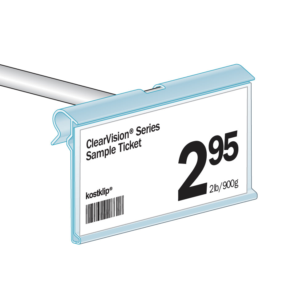 An illustration of the ClearVision T-Wire, Swing-Up Label Holder installed on a scanning hook with a price ticket