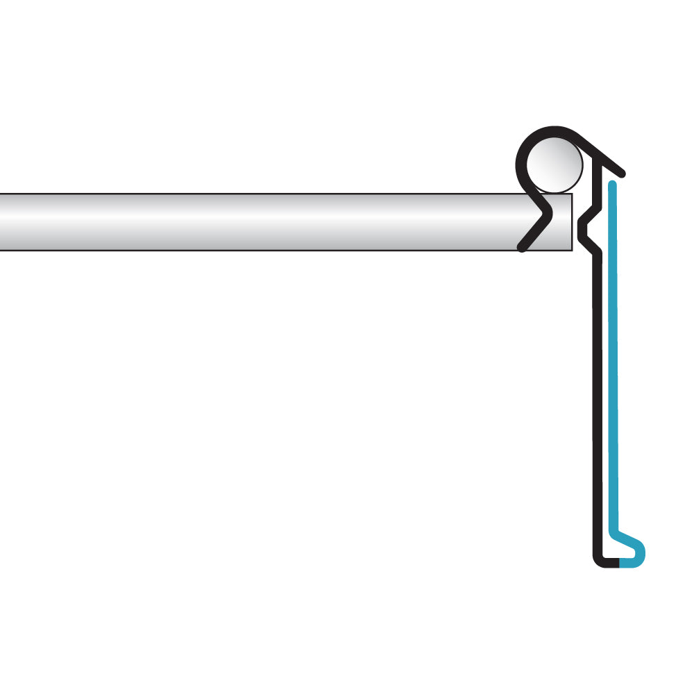 A profile illustration of the ClearVision T-Wire, Swing-Up Label Holder installed on a T-wire scanning hook