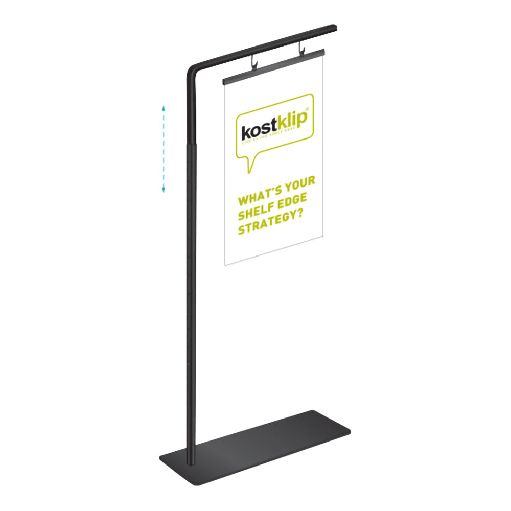 An illustration of the Telescopic Pallet Sign Holder with a banner holder with eyelets holding a sign