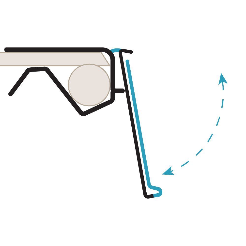 A profile illustration of the ClearVision® 0.5"H Single Wire Shelf, Hinged Ticket Molding installed