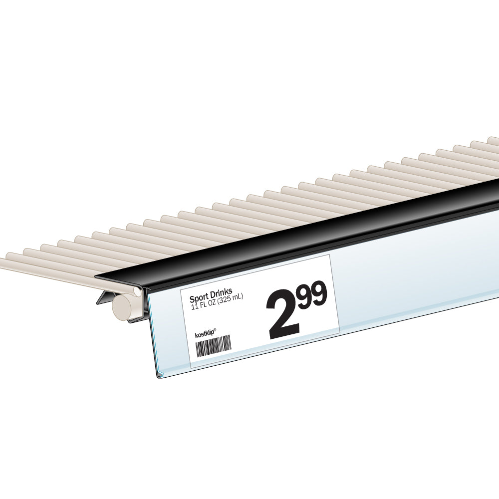 An illustration of the ClearVision 0.5"H Single Wire Shelf, Hinged Ticket Molding in black installed on a single wire shelf with a price ticket.