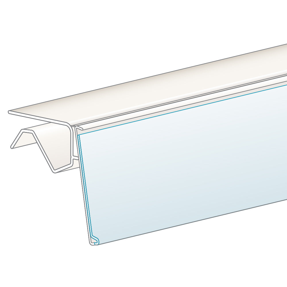 An illustration of the ClearVision 0.5"H Single Wire Shelf, Hinged Ticket Molding in white
