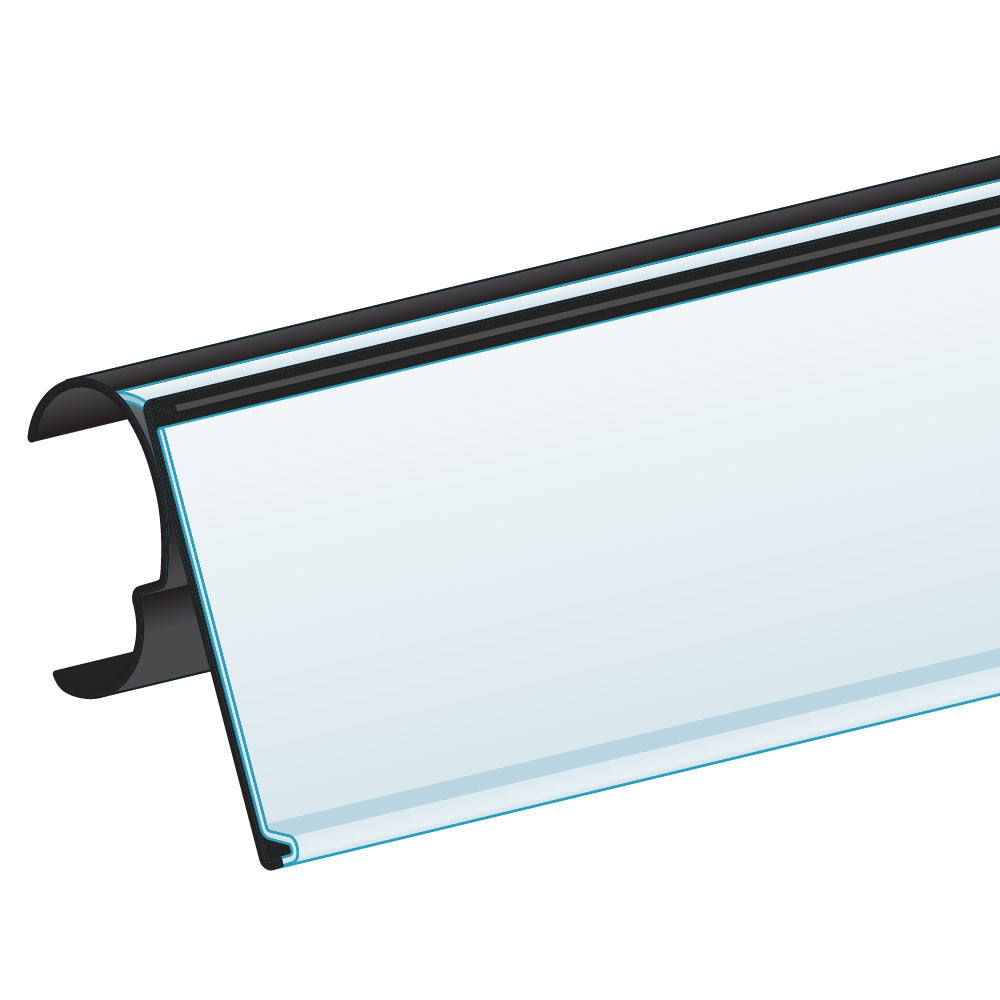An illustration of the ClearVision 1"H Double Wire Shelf, Hinged Ticket Molding in black