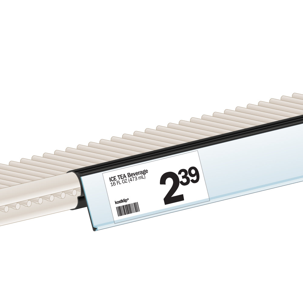 An illustration of the ClearVision 1"H Double Wire Shelf, Hinged Ticket Molding installed on a double wire shelf with a price ticket