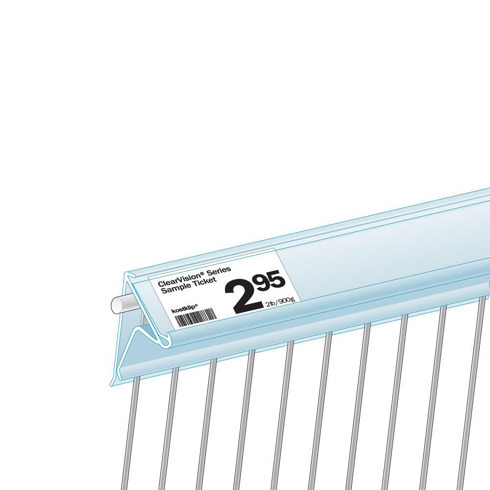 An illustration of the ClearVision Fence, Clip-On, 35° Angle Ticket Molding installed on a wire fence with a price ticket