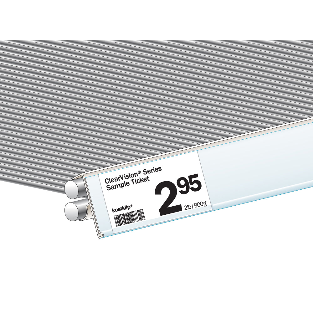 An illustration of the ClearVision 0.875" Double Wire Shelf Ticket Molding installed on a double wire shelf with a price ticket