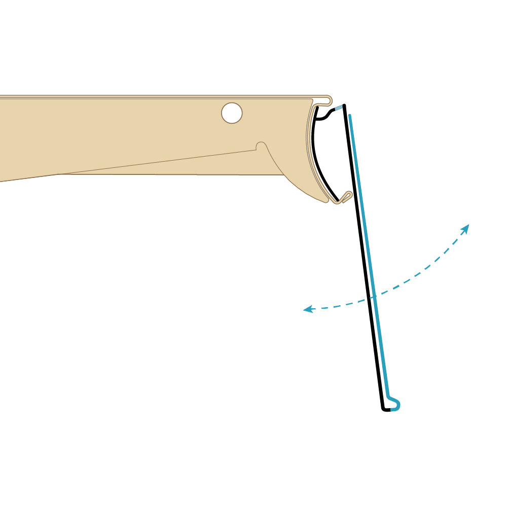 A profile illustration of the ClearVision C-Channel Clip-In, Hinged, 2"H Window Ticket Molding installed in a shelf