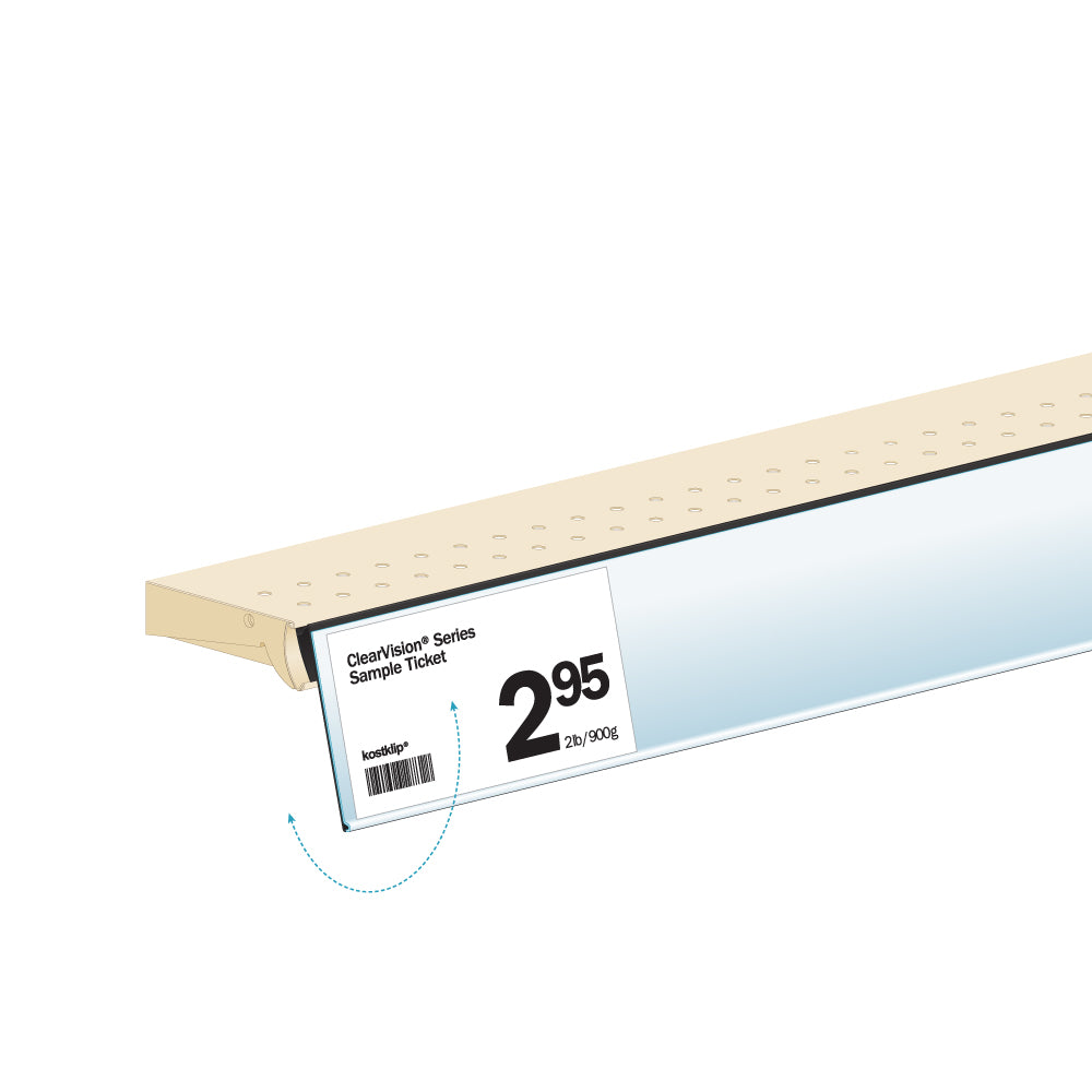An illustration of the ClearVision C-Channel Clip-In, Hinged, 2"H Window Ticket Molding installed into a ticket molding with a price ticket