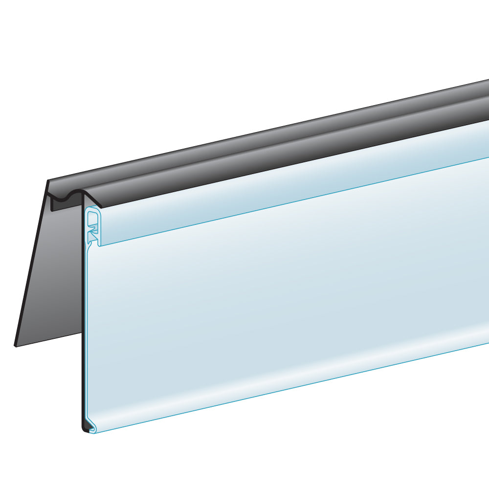 An illustration of the ClearGrip C-Channel, Clip-In, Hinged Ticket Molding in black