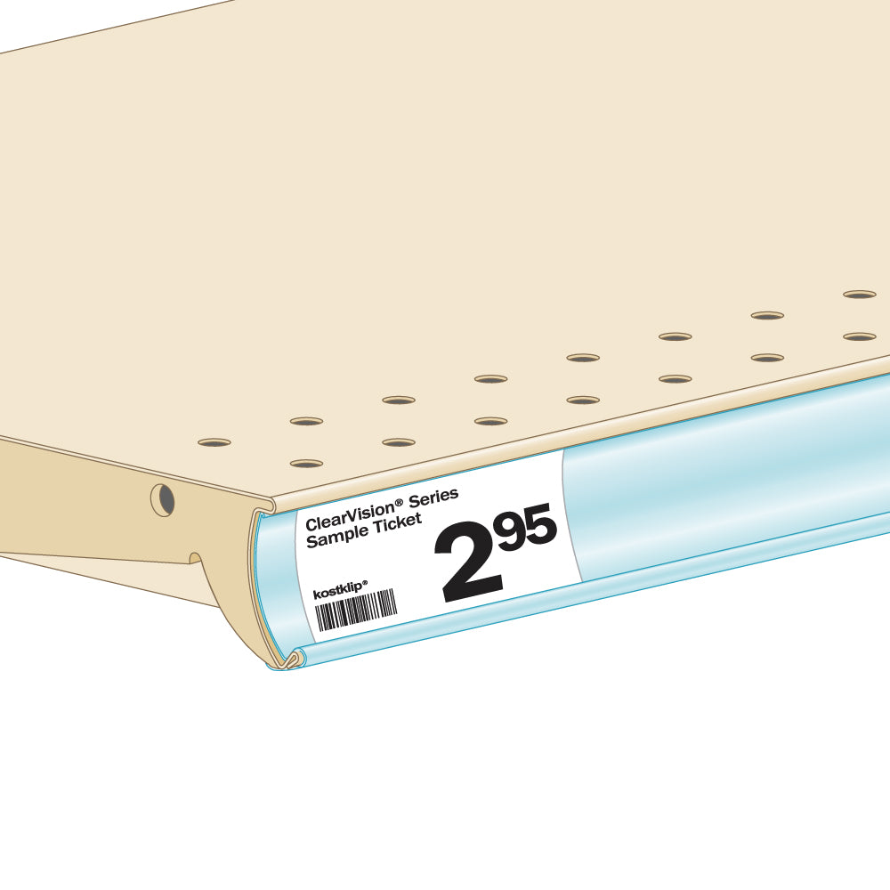 An illustration of the ClearSaver Channel Protector Ticket Molding installed on a shelf with a price ticket close up
