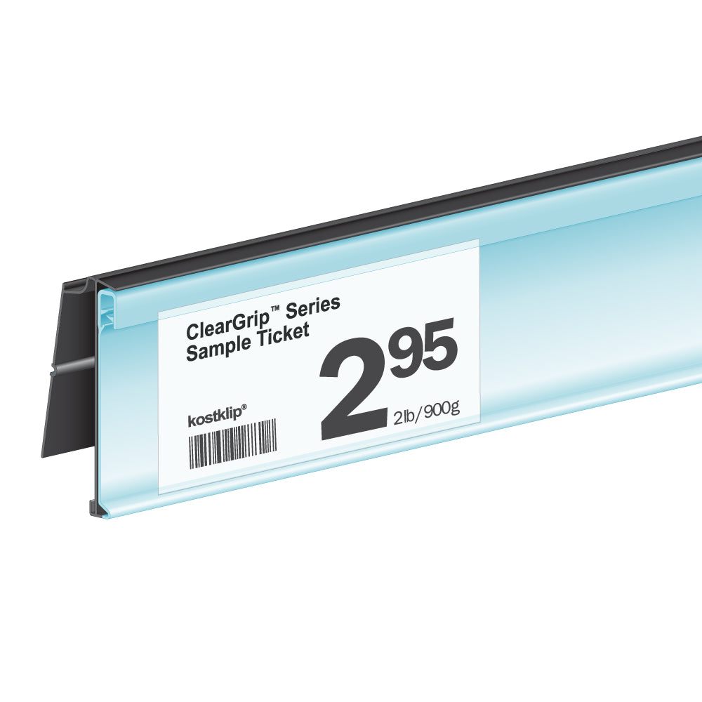 An illustration of the ClearGrip FlexChannel, Clip-In, Hinged Ticket Molding in black with price ticket