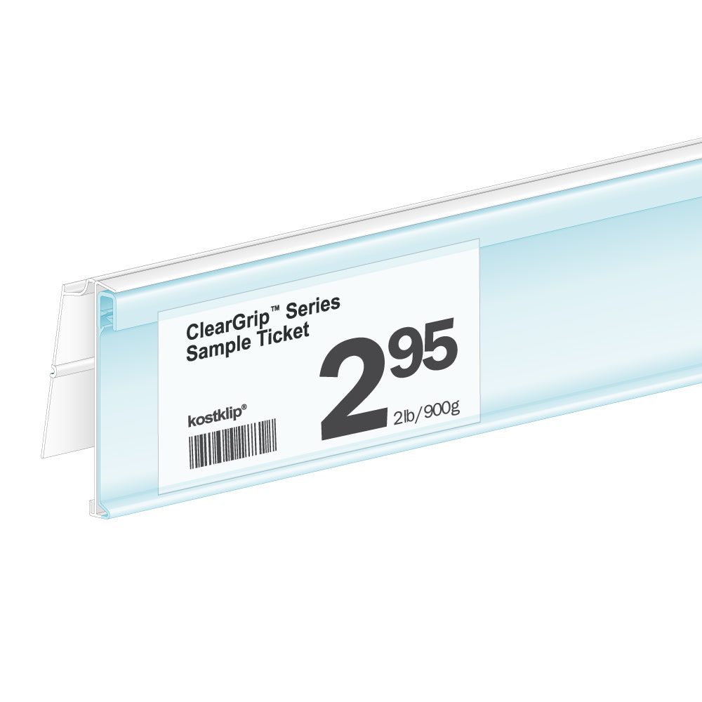 An illustration of the ClearGrip FlexChannel, Clip-In, Hinged Ticket Molding in white with price ticket