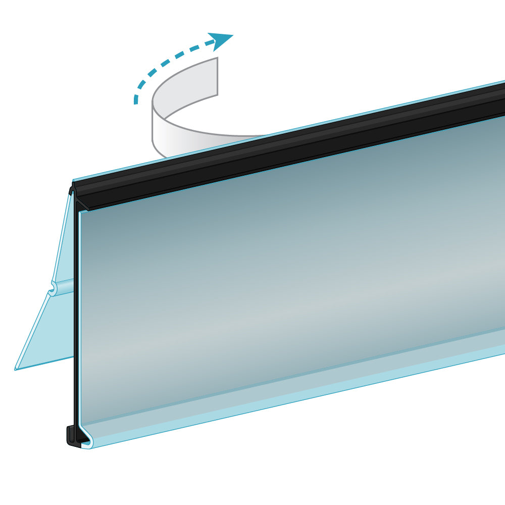 An illustration of the ClearVision FlexChannel, Clip-In Ticket Molding in black with tape