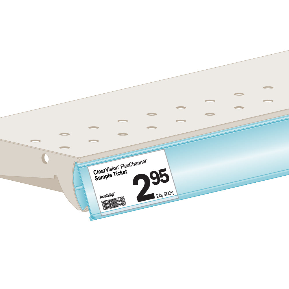 An illustration of the ClearVision FlexChannel, Clip-In Ticket Molding installed into a Lozier shelf with a price ticket.