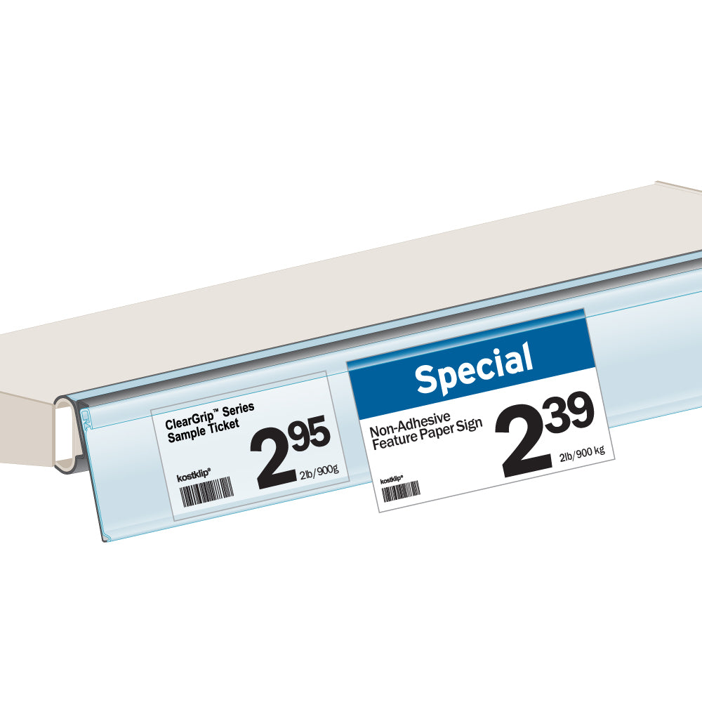 An illustration of the ClearGrip Zero Zone, Clip-On, Hinged Ticket Molding installed on a shelf edge with price tickets