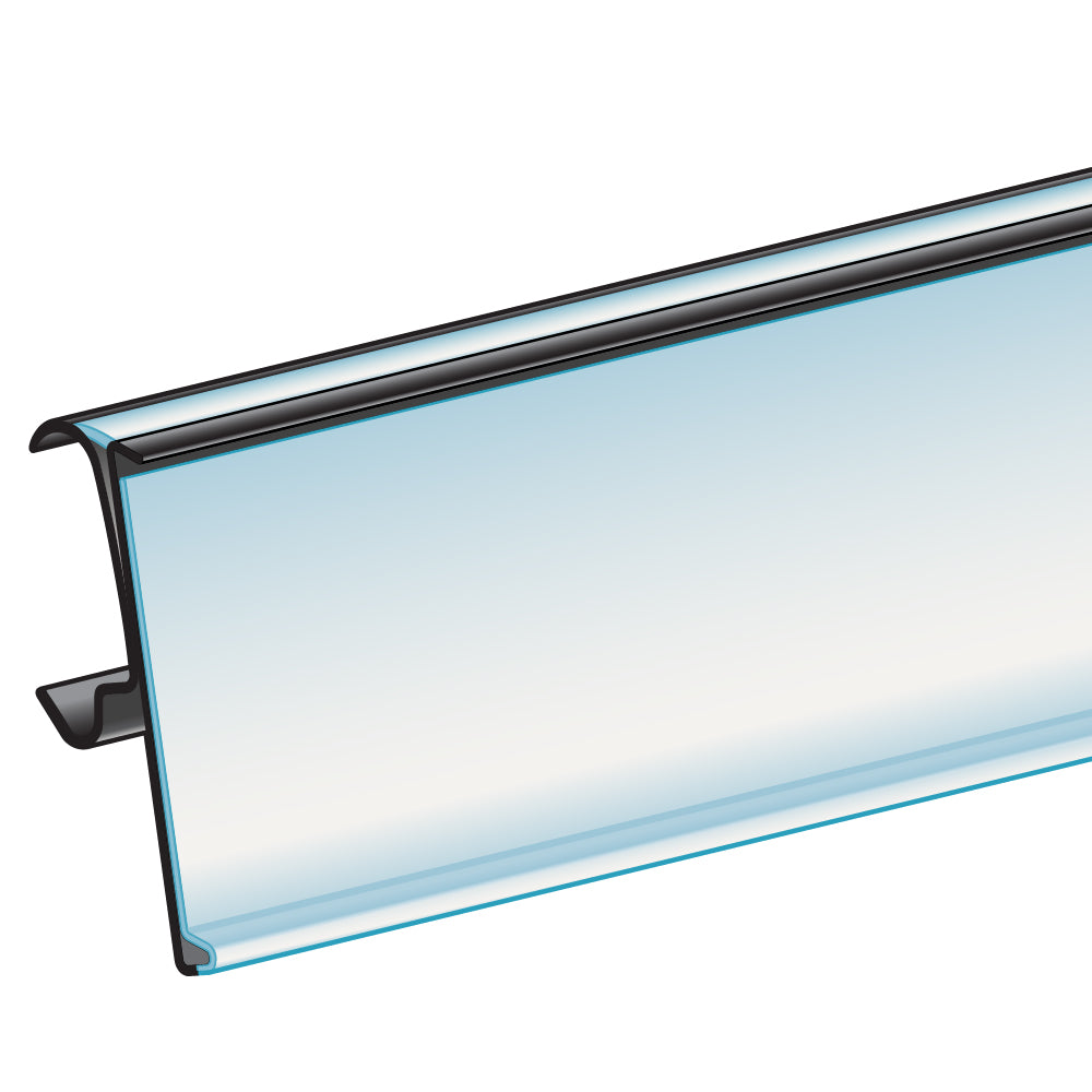 An illustration of the ClearVision Bullnose, Clip-On, Hinged Ticket Molding in black