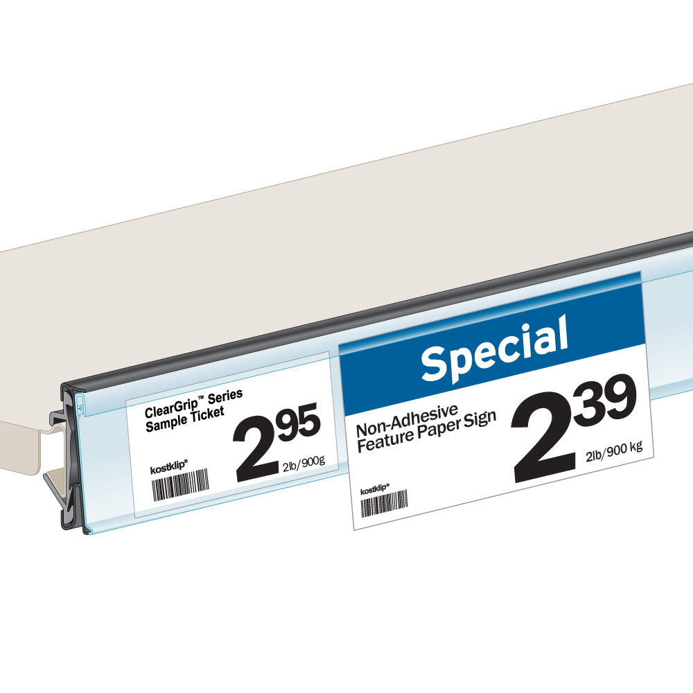 An illustration of the ClearGrip Hussmann Extrusion, Clip-Over Ticket Molding in black installed on a shelf edge with price tickets