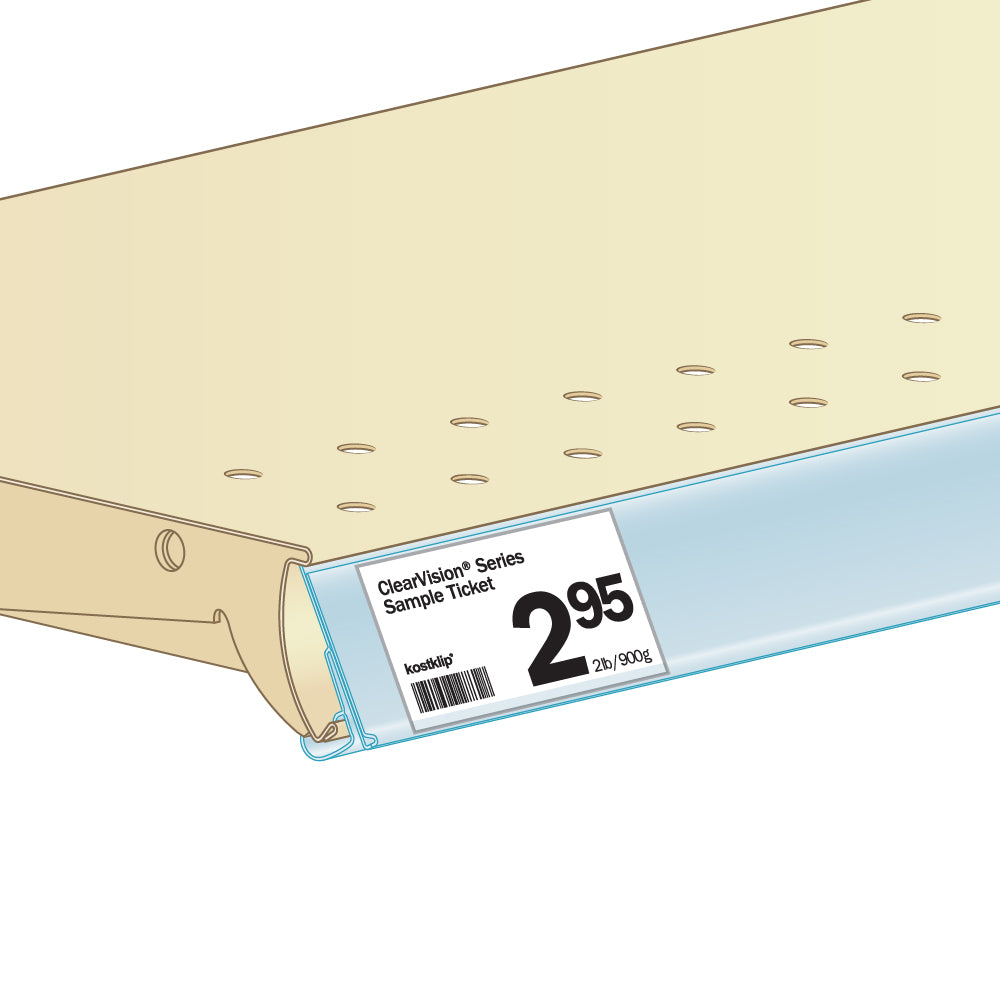 An illustration of the ClearVision Clip-Under Ticket Molding installed on a shelf edge with a price ticket.