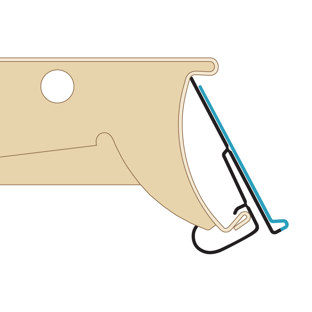 A profile illustration of the ClearVision Clip-Under Ticket Molding installed in shelf