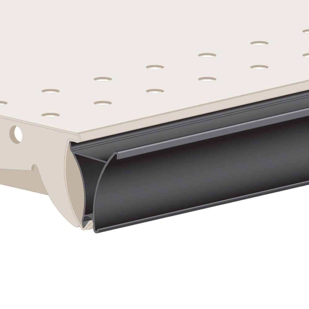 An illustration of the FlexKlip Dual Angle Shelf Adapter Ticket Molding in a downward position in black installed in a shelf edge