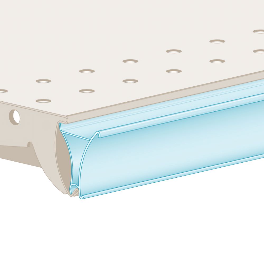 An illustration of the FlexKlip Dual Angle Shelf Adapter Ticket Molding in a downward position in clear installed in a shelf edge