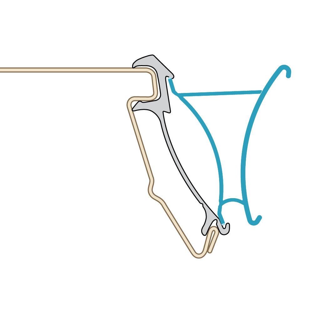 A profile illustration of the FlexKlip Dual Angle Shelf Adapter Ticket Molding in a downward position installed into a Madix shelf edge
