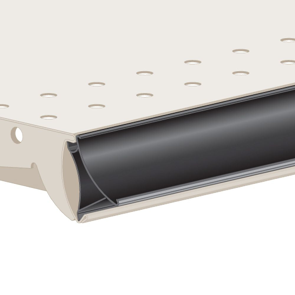 An illustration of the FlexKlip Dual Angle Shelf Adapter Ticket Molding in an upward position in black installed in a shelf edge
