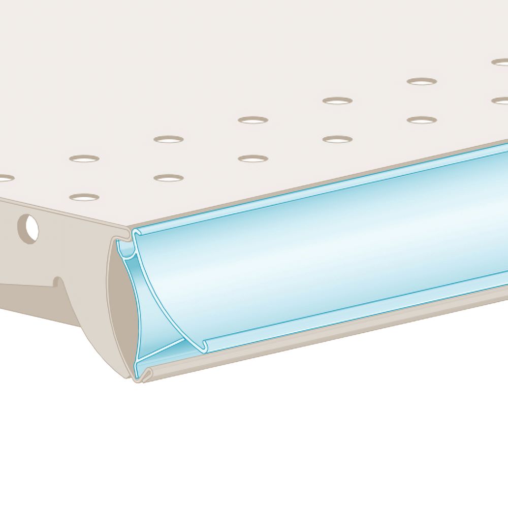 An illustration of the FlexKlip Dual Angle Shelf Adapter Ticket Molding in an upward position in clear installed in a shelf edge