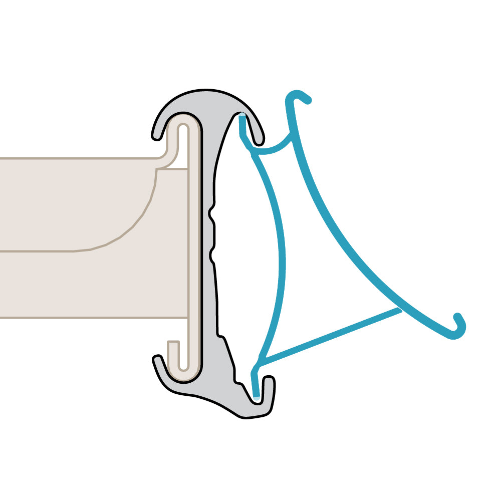 A profile illustration of the FlexKlip Dual Angle Shelf Adapter Ticket Molding in an upward position installed into a HillPhoenix shelf edge