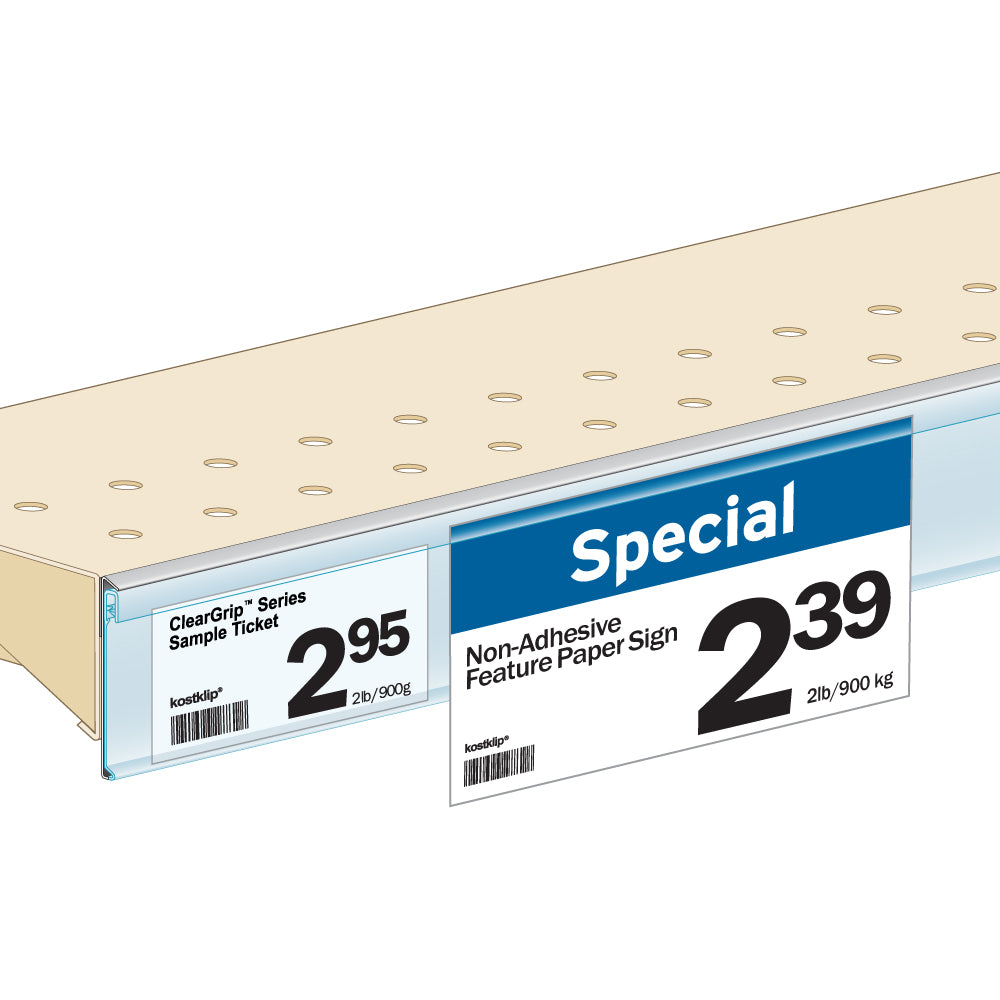 An illustration of the ClearGrip Flat Mount Ticket Molding installed on a shelf edge with price tickets.