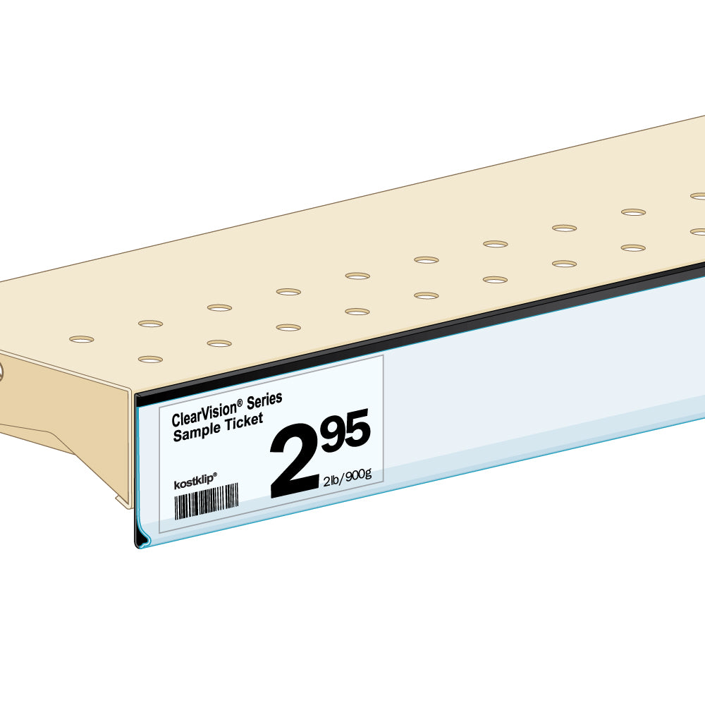 An illustration of the ClearVision Flat Mount Ticket Molding in black attached to a shelf edge