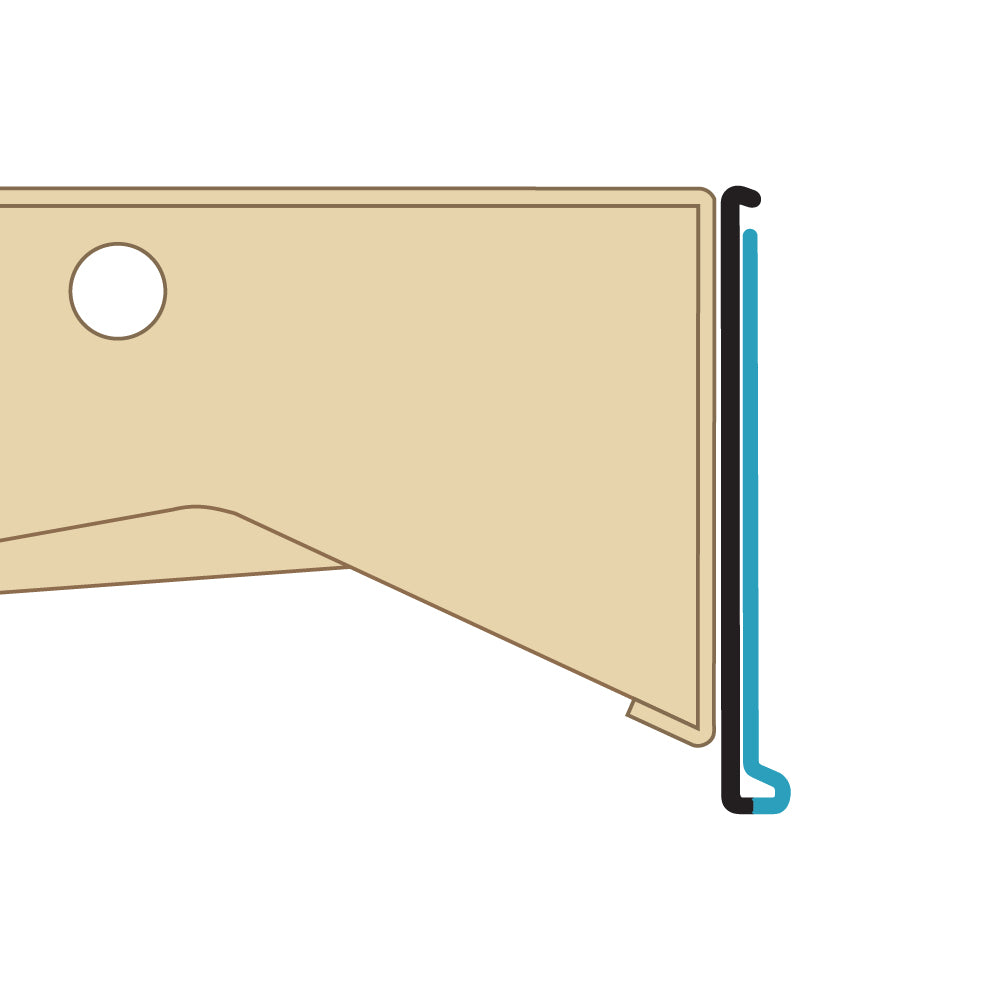 A profile illustration of the ClearVision Flat Mount Ticket Molding in black attached to a shelf edge