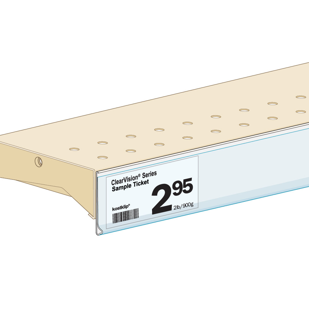 An illustration of the ClearVision Flat Mount Ticket Molding in white attached to a shelf edge