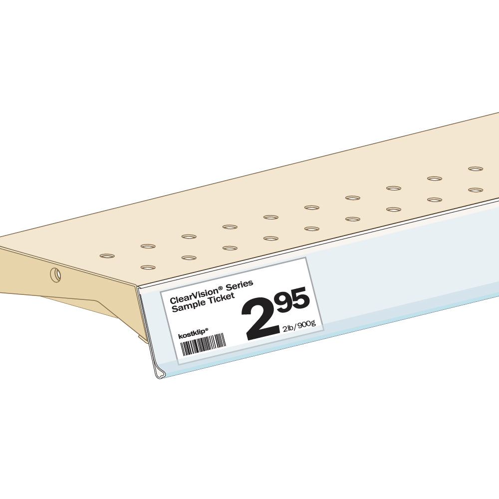 An illustration of the ClearVision Flat Mount Ticket Molding in white attached to an angled shelf edge